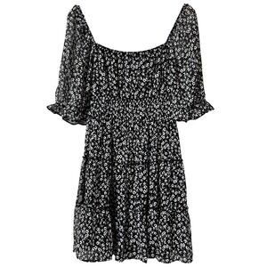 Trixxi Black Floral Milkmaid French Square Whimsigoth Puff Ruffle Dress Size M